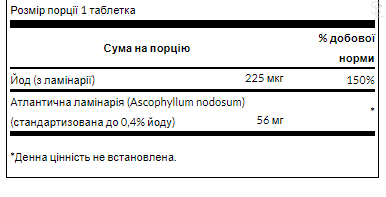 Йод / Kelp Iodine Source 225 mcg - 250 Tabs Per Bottle 100-70-7269499-20 фото